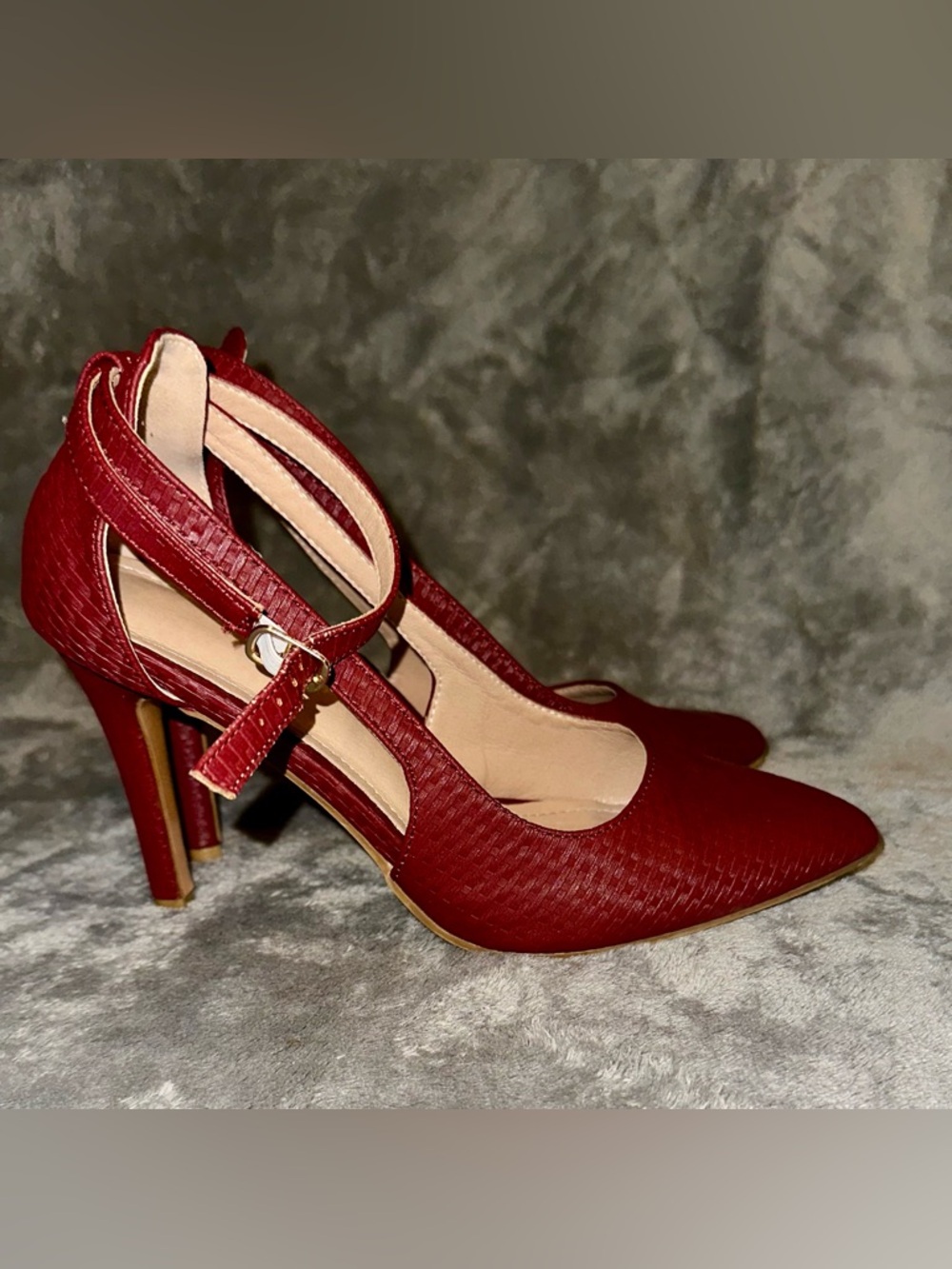 Scarlet Burgundy Red Pointed Toe High Heel Pumps with Ankle Strap